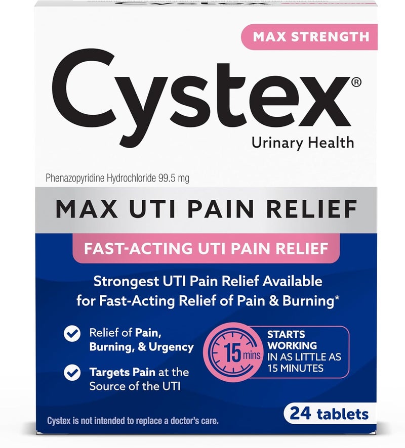 Cystex أقراص تخفيف ألم التهاب المسالك البولية بقوة قصوى - 99.5 ملغ فينازوبيريدين هيدروكلوريد لتخفيف سريع من الحرقان وعدم الراحة في المثانة - 24 حبة - Image 1